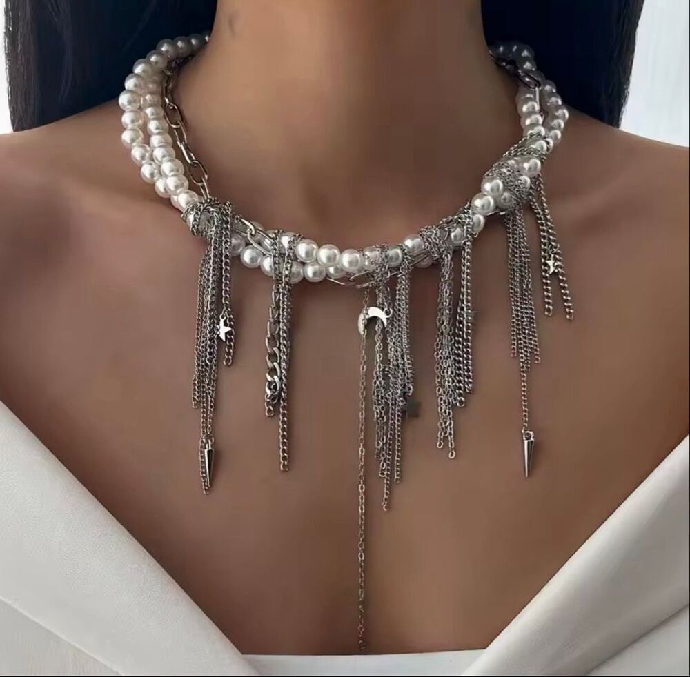 Zara Statement ChokerPearl Chain Tassel Charm Necklace Silver Tone Chic